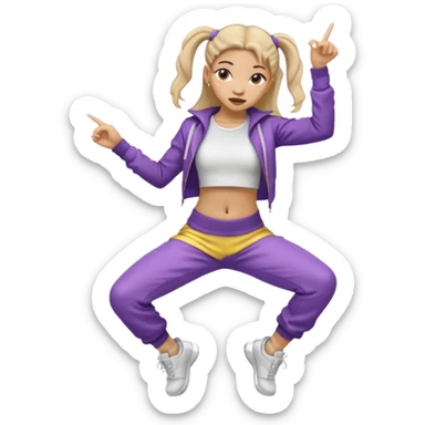 Una chica con vestuario de bailarina urbana con las piernas flexionadas, el dedo índice en la boca, el tren superior inclinado hacia la izquierda y con la cadera proyectada hacia la izquierda sticker