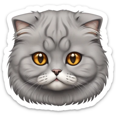 Cinematic-Fluffy-Grey-Scottish-Fold-Cat-Portrait-Emoji – Head tilted cutely with big, sparkling amber eyes, soft solid grey fur, and signature small folded ears pressed gently against its round head, simplified yet irresistibly adorable features, highly detailed, glowing with a soft and warm charm. sticker