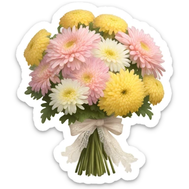 A vintage-style bouquet of chrysanthemums with a lace ribbon and a flickering candle
 sticker