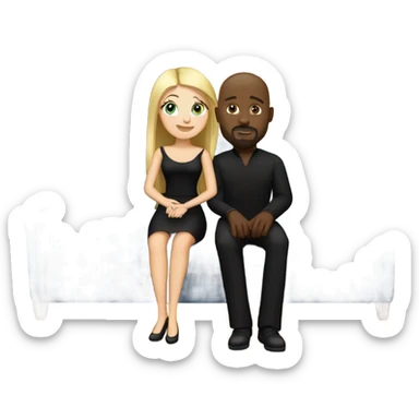 Blonde woman with blue eyes and long straight hair wearing a short black dress and a black man who is bald with a goatee seated together on a sofa enjoying a loving kiss.   sticker