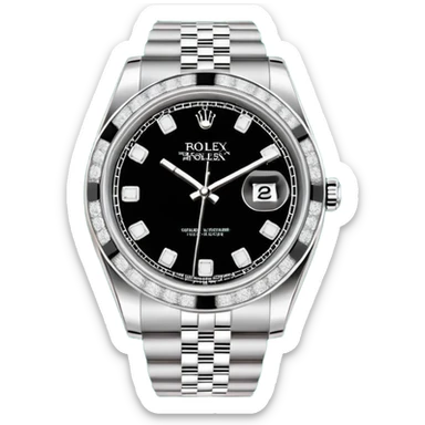 "Flat design emoji icon of a luxury silver Rolex Datejust watch, fully iced out with diamonds on the case and Jubilee bracelet, diamond pavé dial with black Roman numerals, isolated on a green circular background, clean vector style, high resolution." sticker