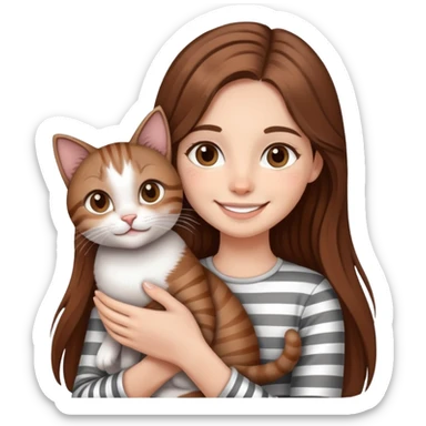 smiling girl with long hair holding a cat with silver stripes sticker