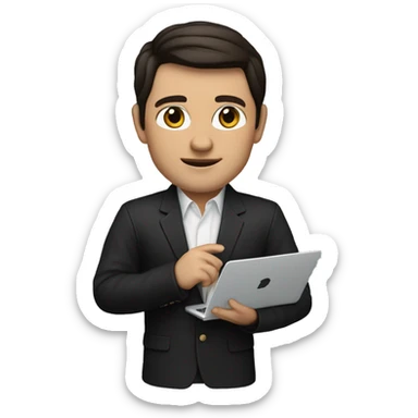     memoji of a realtor with a laptop in front, apple-style,modern,dark hair,black sweater,computer in hand,white skin, an avatar image gonna be round  sticker