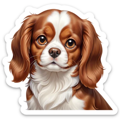 Cinematic Cute Blenheim Cavalier King Charles Spaniel Portrait Emoji, Head tilted playfully and inquisitively, silky Blenheim coat with warm chestnut and crisp white patches, round, sparkling brown eyes filled with curiosity, Simplified yet irresistibly adorable features, highly detailed, glowing with a warm, friendly glow, high shine, affectionate and lively, stylized with a touch of whimsy, bright and endearing, soft glowing outline, capturing the essence of a mischievous yet loving pup, so playful it feels like it could pounce out of the screen and into your arms! sticker