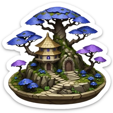  Ancient saucer-castle-house jungle winding trail mountainside getaway haunted nighttime landscape antique mudman very old broken cracked intricately detailed Stone Age lapis-crusted irregular dodecagon-shaped shallow dark moss rough bark violet flowered maple bonsai Saikei scene  sticker