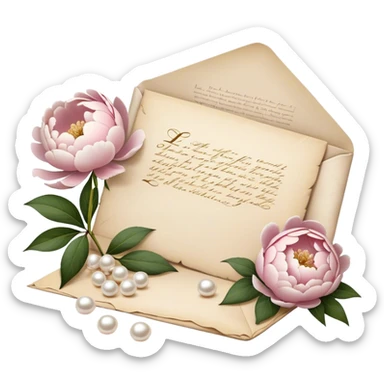 A charming arrangement of pearl peonies placed beside an old beige  love letter with an intricate Ivory wax seal. sticker