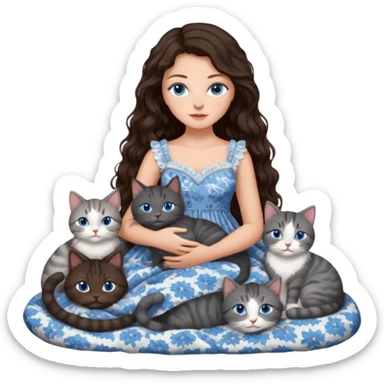 detailed realistic looking a dark grey and white cat regally laying with six other cats, cuddling with their owner in bed who is a pretty bratz lightly tanned white girl with long dark brown hair, blue eyes and gorgeous long wavy hair wearing a pretty detailed dress sticker