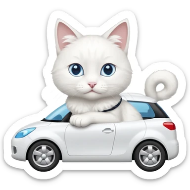 Please create a small emoji the size of 🚗 featuring a pure white cat with blue eyes on a white car viewed from side. Again it is necessary that the emoji must be extremely small, much smaller than a standard sized sticker. sticker