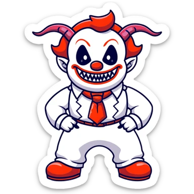 full-body demonic clown in a white leisure suit with bellbottom pants, bald, with black ram horns, flashy belt, ruffled shirt, no neck tie, large fangs in mouth sticker