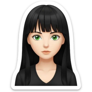 A white woman with Long straight hair with bangs, black hair, green eyes and a low-cut shirt sticker