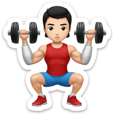 a pretty bratz boy with black hair and a red tshirt, big biceps picking up dumbells sticker