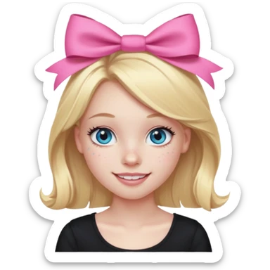 A blonde girl, teen, pale skin, freckles, light blu eyes, lashes, smiling, black top, pink coqquete bow in hair sticker