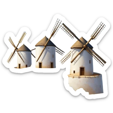 ​Cinematic Realistic Spanish Windmills (Mota del Cuervo), depicted as a cluster of gracefully aged windmills with weathered whitewashed facades and rustic wooden sails, standing proudly on a sunlit, rolling hillside of golden fields and olive groves, rendered with intricate textures and soft natural lighting that captures the timeless rural charm and historical significance of the Spanish landscape, sticker