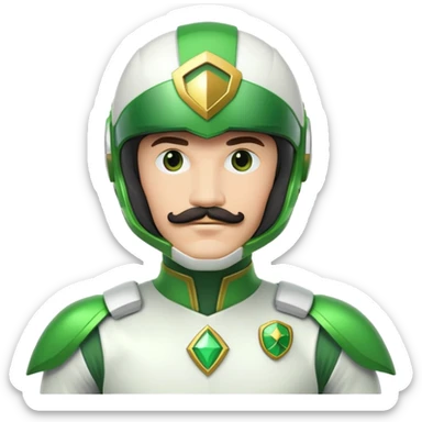 Green power ranger in white costume with a mustache, helmet with green visor sticker