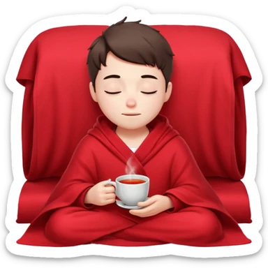 A European boy is sitting comfortably under a blanket, wrapped in a red blanket, drinking tea with his eyes closed. sticker
