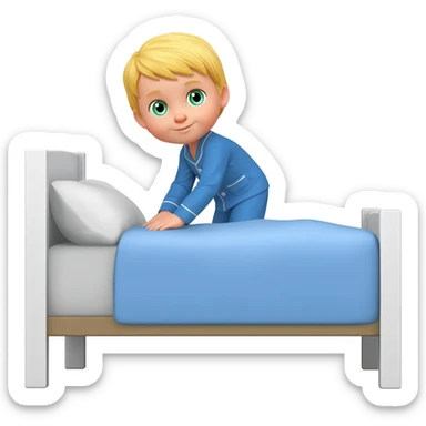 Use the same 3 year old blonde boy with green-blueish eyes as before  happy with plain blue pajamas making his bed with neat pillows sticker