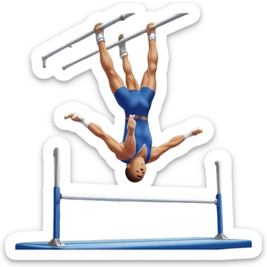 A professional male athlete performing on the parallel bars, showcasing strength and grace. His body is in mid-motion as he holds a perfect inverted position, demonstrating control and balance. The background features a bright gymnasium with high ceilings and a crowd cheering in the distance. sticker