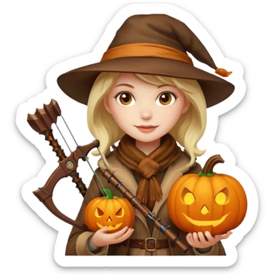 female human monster hunter emoji, wearing brown coat and hat, holding crossbow, soft smile, scarf, glowing pumpkin by her side, Halloween fantasy style, clean vector Apple emoji look, bright colors, white background, square sticker