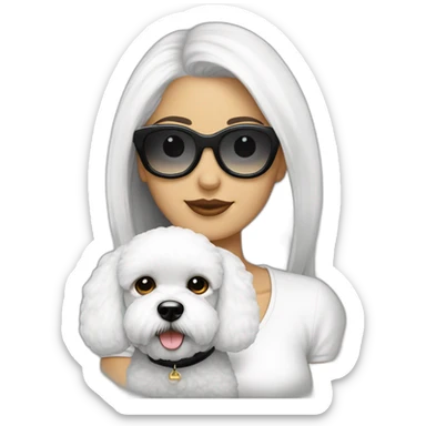 mujer piel blanca cabello negro gafas y perro bichon maltés blanco sticker