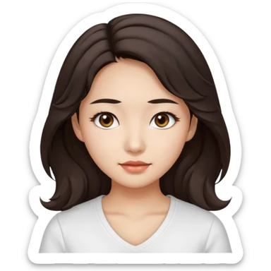 iOS style emoji. A girl with very long dark brown wavy hair. And the eyes color is dark brown. And she is wearing white t shirt with V kneck. And she is 30. She is Asian with double eyelids  sticker