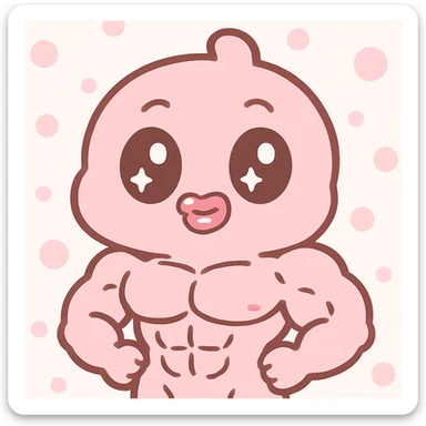 Make the kawaii character look buff and muscular, keep the silly and pretty pink style, sparkling eyes, glossy lips. sticker