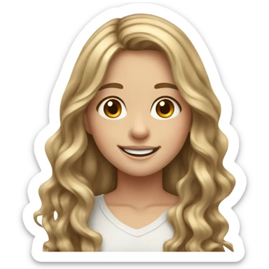 a young white girl with long wavy brown hair with blonde highlights, brown eyes smiling sticker