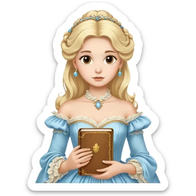 Blonde model with brown eyes wearing a light blue silk rococo gown clutching a golden notebook sticker
