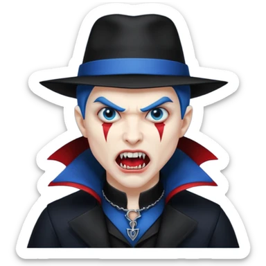 Vampire with blue hat,black coat with read collared ,teeth looks like vampire with aggression on face, full body. sticker