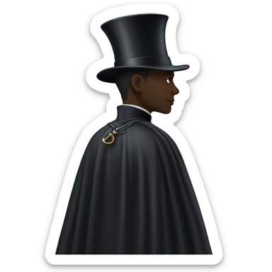 back profile of black magician, cape that says Dior sticker