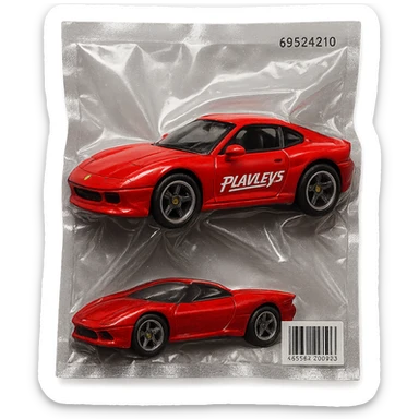 red Ferrari in Hot Wheels packaging, 'PLAVLEYS' in stylized racing script on the door, glossy vacuum-sealed style sticker