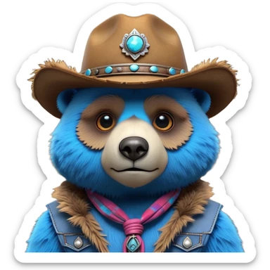 3D, adorable little Pixar style blue neon punk bear wearing a cowboy hat, ultra detailed, each lash, eye, and strand of fur is shown in stunning detail as though captured in a timeless photograph, rich textures, visually rich, so lifelike it feels like it could leap off the page at any moment sticker
