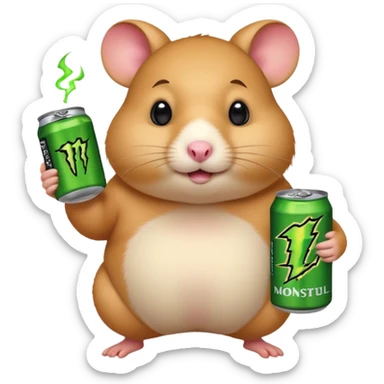 Funny cartoon-style fat hamster wide eyed like a crackhead holding a can of monster energy in one hand and redbull in the other hand sticker