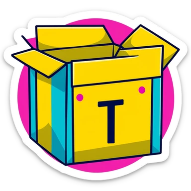 Minimalist sticker with white 'tt' letters on a black circle with cyan, magenta, and yellow dots below, shipping box with street style influence sticker