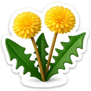 Create a 3D illustration of two dandelions in the style of iOS Apple emojis, featuring volumetric yellow flowers and green leaves, on a transparent background. The style should mimic the detailed and polished look of Apple emojis with a 3D effect. sticker