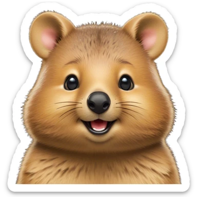 Cinematic Cute Quokka Portrait Emoji, Head tilted playfully and inquisitively, featuring a fluffy, round face with a naturally cheerful grin and bright, sparkling eyes full of playful curiosity, Simplified yet irresistibly adorable features, highly detailed, glowing with a warm, friendly glow, high shine, affectionate and spirited, stylized with a touch of Aussie whimsy, bright and endearing, soft glowing outline, capturing the essence of a mischievous yet loving quokka, so playful it feels like it could scamper out of the screen and into your arms! sticker