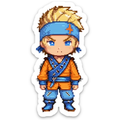 A blonde ninja boy with spiky hair, whisker marks on cheeks, orange outfit, and blue headband with metal plate sticker