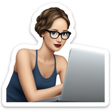 Realistic Photo of Brunette Jennifer Lawrence wearing black glasses and blue eyes talking on their laptop  sticker