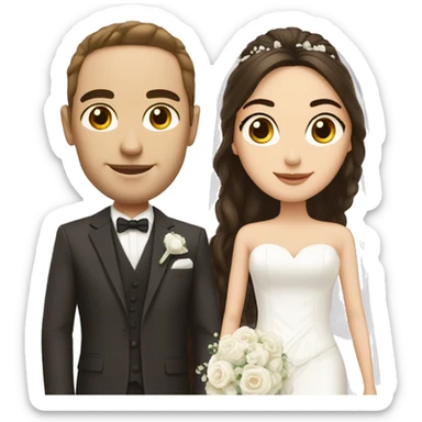 bride with long dark brown hair and groom with white suit sticker