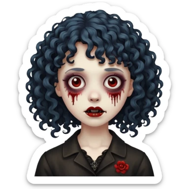 Faça um emoji de zumbi mulher, cabelo cacheado e franja cacheada, deixe ele com a estética meio gothic sticker