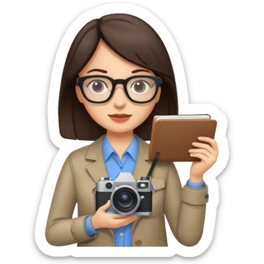 journalist brunette woman with glasses holding camera and notebook sticker