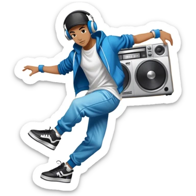 Icon for Street Dance: a dancer in urban streetwear performing a dynamic breakdance move, with a spray-painted background,  boombox  and headphones. The icon should represent the energy, style, and creativity of street dance culture. Transparent background. sticker