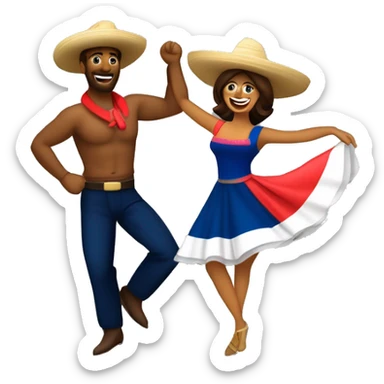 pareja de hombre y mujer bailando danza folcórica chilena llamada cueca. El hombre usa sombrero de huaso y la mujer usa vestido  sticker