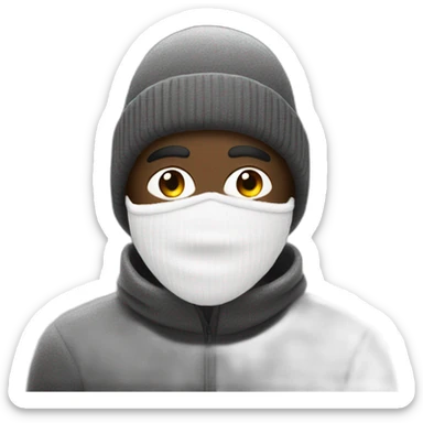 A black man wearing a white ski mask hiding the whole face except the eyes adorned with short white wool threads sticker