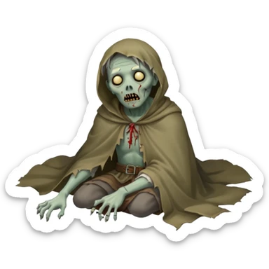 fullbody zombie leper laying on the ground, sunken eyes, tattered cloak, visible sores sticker
