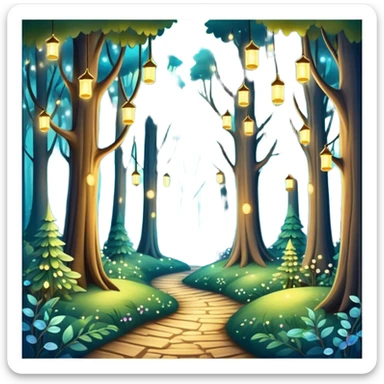 enchanted forest with tall trees and sparkling lights in a whimsical atmosphere sticker