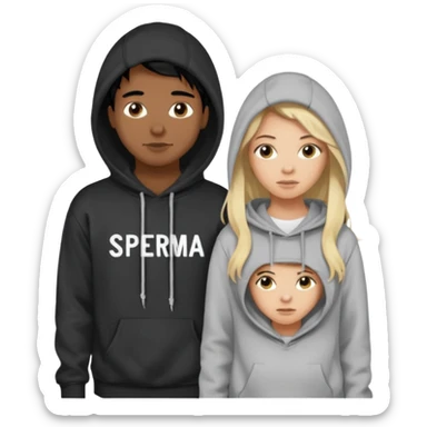 I want it to be this emote 🙍‍♂️
of a guy with black hair and a black sweatshirt with the word "sperma" written in white in the middle. Behind him, there's a pretty blonde with long hair, pulling the string on the first person's hoodie. The girl is wearing a gray sweatshirt. sticker