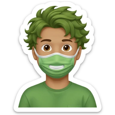 A teenage boy, tanned, wearing a green t-shirt , blue jeans and green sneakers with brown wavy tousled hair, smirking, wearing a green face mask sticker