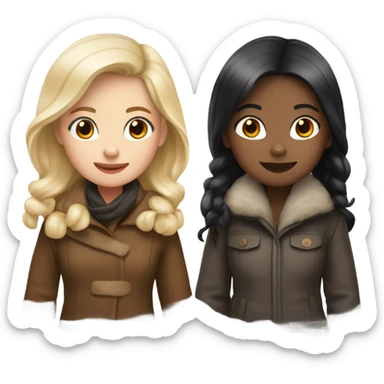 Two girls in winter coats walking- one with white skin black hair and the other with white skin and copper blonde hair  sticker