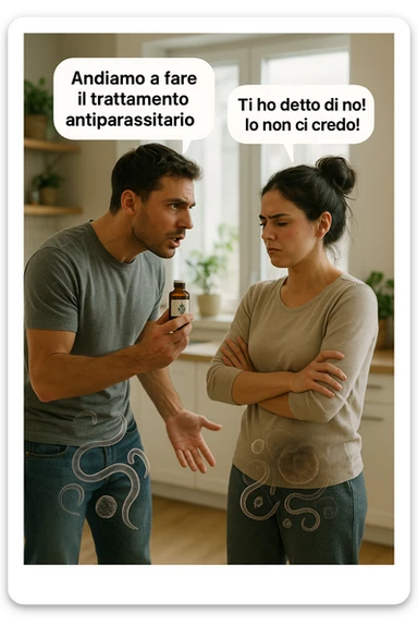A highly realistic, cinematic photo of a young couple in their early 30s having an argument in a bright modern kitchen. The man, athletic build, wearing a casual T-shirt and jeans, is speaking firmly with a raised hand holding a small amber glass bottle labeled with a subtle herbal symbol, saying 'Andiamo a fare il trattamento antiparassitario' with a determined expression. The woman, with long dark hair tied in a messy bun, casual home outfit, crosses her arms with an angry, defensive expression, replying 'Ti ho detto di no! Io non ci credo!' while slightly turning away. Tension is visible in their body language, with the man leaning forward trying to explain and the woman leaning back, her eyebrows furrowed. Around them, subtle ghostly overlays of microscopic parasites are faintly visible near their abdominal areas, symbolizing the hidden reason for the argument. The kitchen is bright and modern with plants and natural light, contrasting the emotional tension. The style is hyperrealistic with warm tones and shallow depth of field focusing on their facial expressions, illustrating the conflict between belief in natural treatments and skepticism within the couple regarding hidden parasitic infections. in italiano sticker