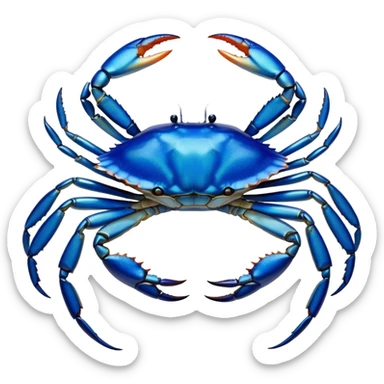 Cinematic Noble Blue Crab Portrait Emoji, Poised and commanding, with a sturdy, angular build and a brilliantly iridescent blue exoskeleton accented by robust, gleaming claws, deep-set piercing eyes, Simplified yet sharp and sophisticated features, highly detailed, glowing with a cool, oceanic glow, high shine, intelligent and resilient, stylized with an air of marine authority, focused and attentive, soft glowing outline, capturing the essence of a watchful and confident blue crab that feels as though it could scuttle out of the screen with effortless authority! sticker